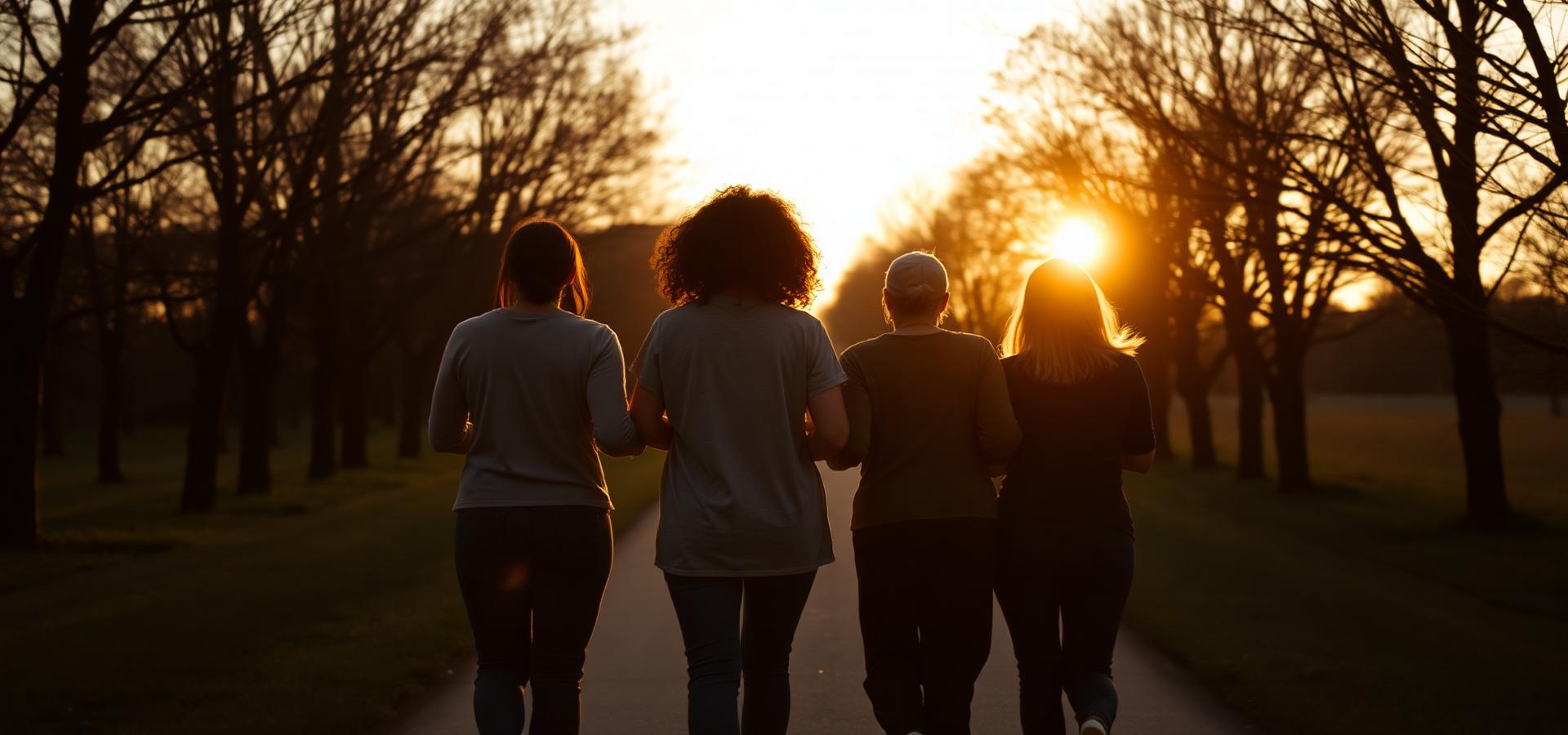 Women veterans walking together down a tree-lined path at sunset