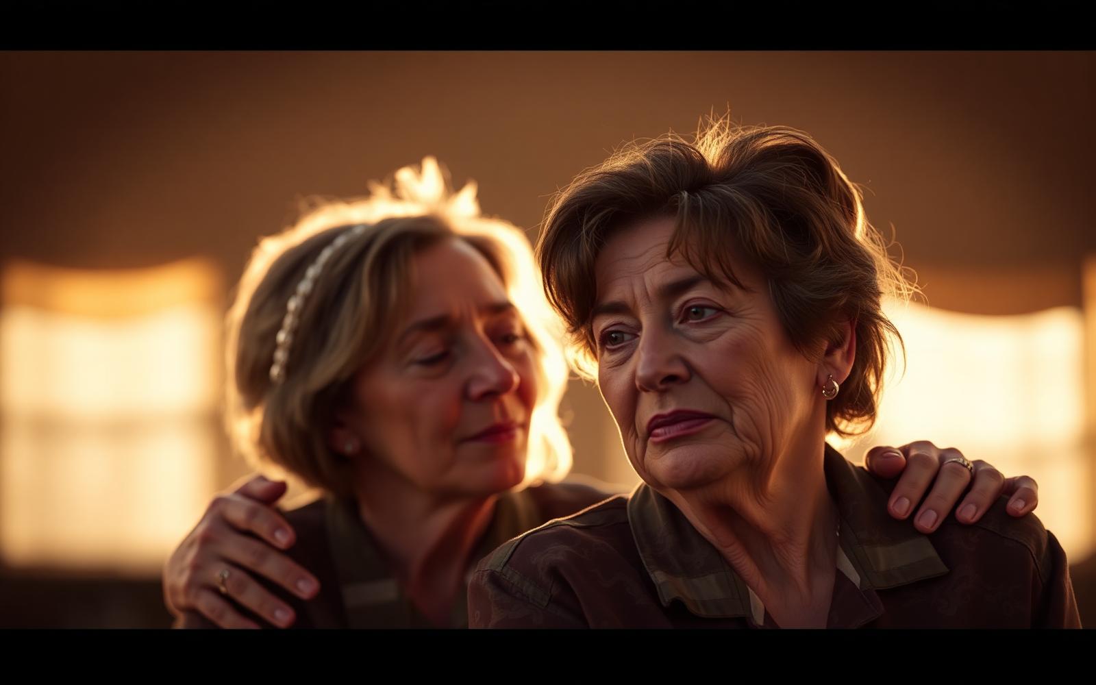 Woman veteran comforting another with a hand on her shoulder at golden hour