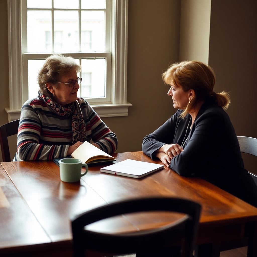 Woman veteran and her woman Claims Specialist in conversation across a warmly lit table.