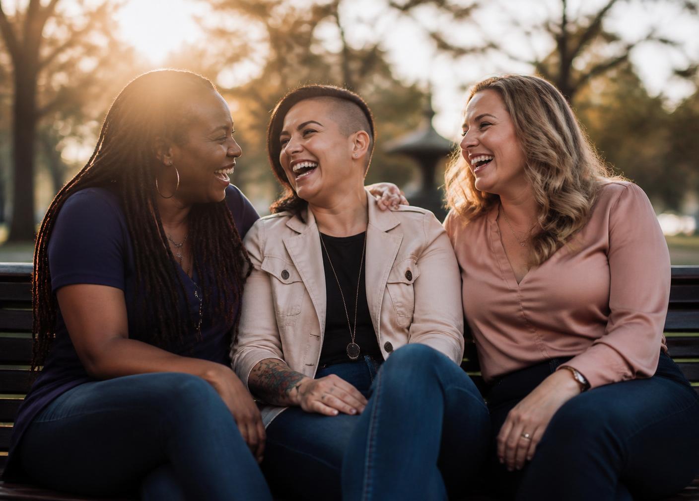 Three women veterans laughing together on a park bench