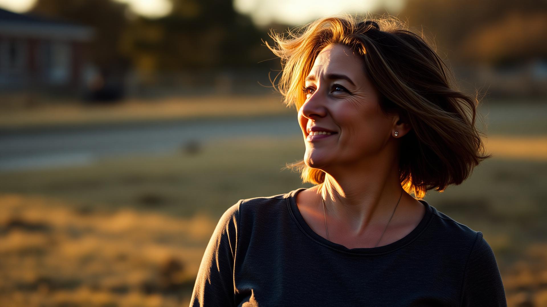 Woman veteran outdoors at golden hour, looking forward with quiet relief