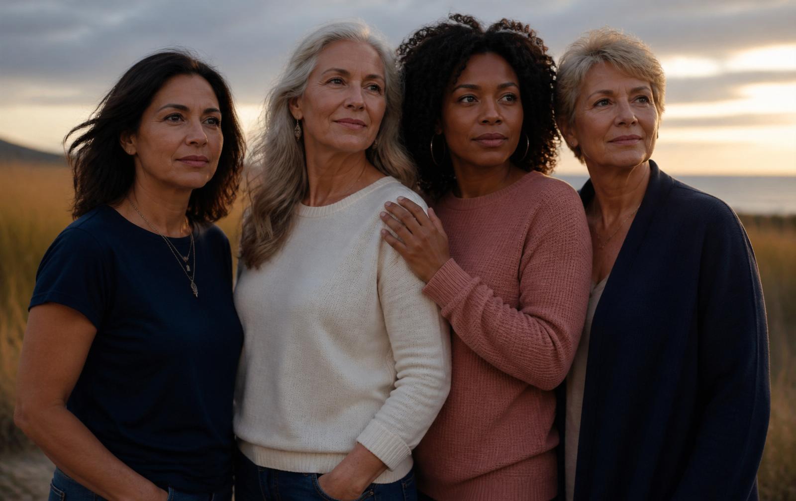 Four women veterans standing shoulder to shoulder at sunset