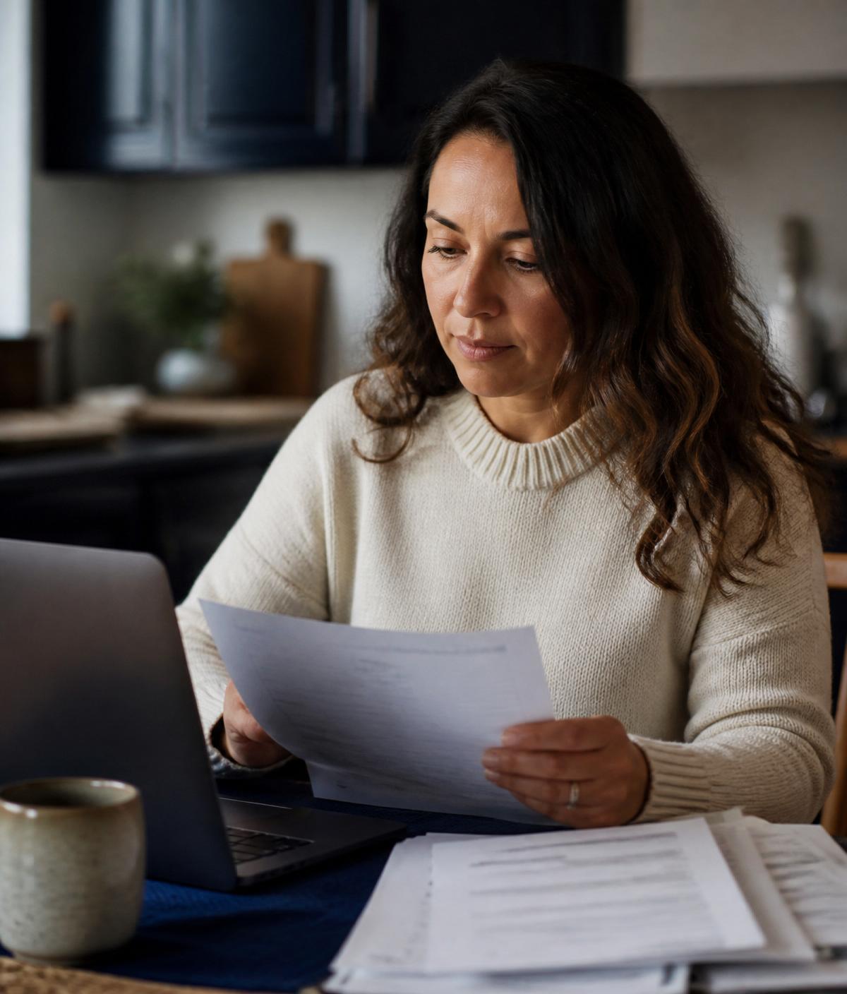 Woman veteran reviewing documents at her kitchen table